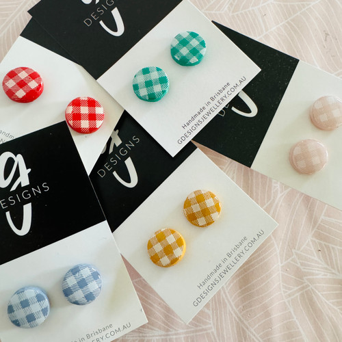 Stud Earrings - Polymer Clay - Handmade - GINGHAM - Regular Size - Circle - You Choose Colour