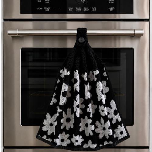 Hand Towel (with Crochet Top) - Black & White Flowers (BW1)
