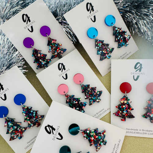 Statement Earrings - Acrylic -  'CHRISTMAS TREE' - Chunky RAINBOW Glitter - You Choose