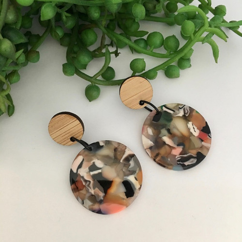 Statement Earrings - Acrylic - Rainbow Tortoise Shell -  Circles - Bamboo Stud Top
