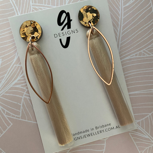 Last Pair - Statement Earrings - Tassels - Long - Blush/Nude/Flesh - Bronze Glitter Stud Top with Rose Gold Marquise Feature