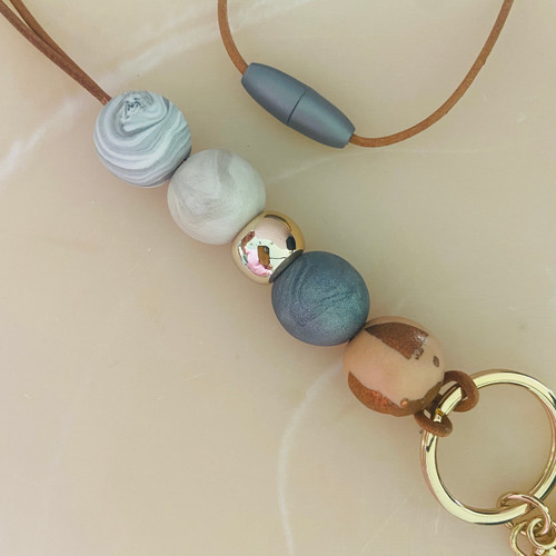 Lanyard - Teacher - Beaded - Polymer Clay - Keychain - ' ANDIE' - Neutrals - Copper/Silver/White Pearl