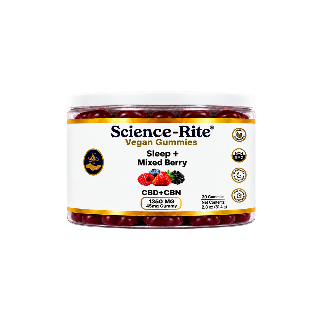 Science-Rite THC-Free Nano CBD Gummies - Buy CBD Gummies - 25mg + 20mg CBN - 30 Sleep+ Gummies - Front.