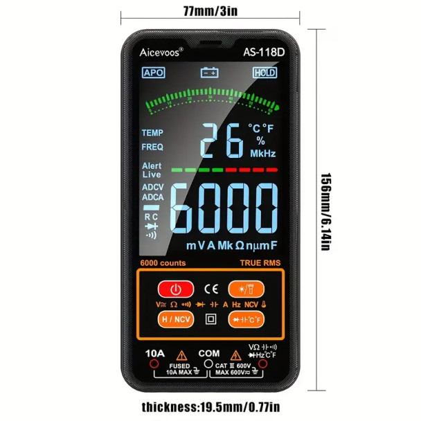 1pc Smart Digital Multimeter Auto-Ranging Voltmeter Electrical Tester Measures Voltage Current Capacitance Resistance Continuity Duty-Cycle Temperature Frequency