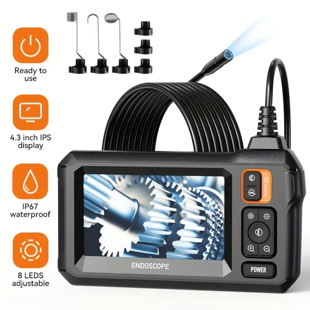 Industrial Endoscope, 8mm HD Digital Borescope Inspection Camera 4.3 Inch IPS LCD Screen IP67 Waterproof Snake Camera With 8 LED Lights, 15/20/30m Semi-Rigid Cable, Auto Repair Plumbing House Auxiliary Inspection