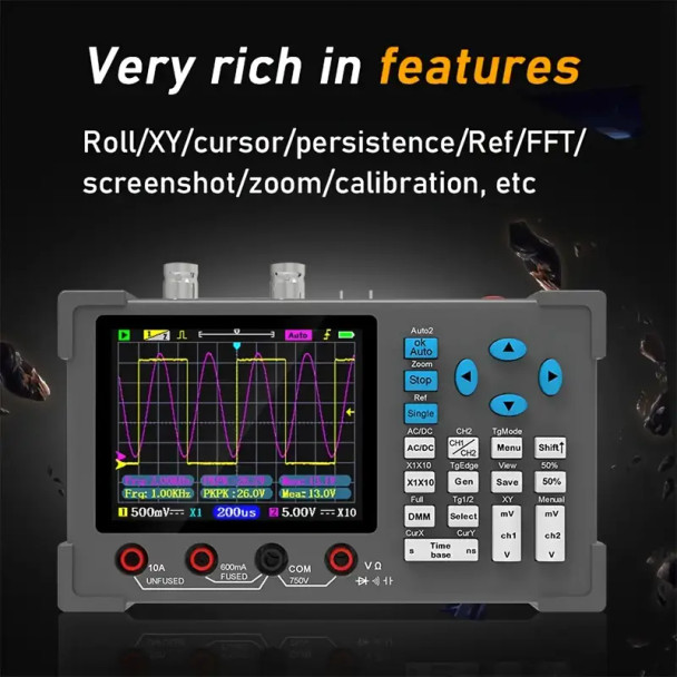 DSO3D12 3.2 Inch Desktop 3 in 1 Digital Oscilloscope 120MHz Bandwidth Dual Channel 250MSa/s Built-in Multimeter+Signal Generator Display