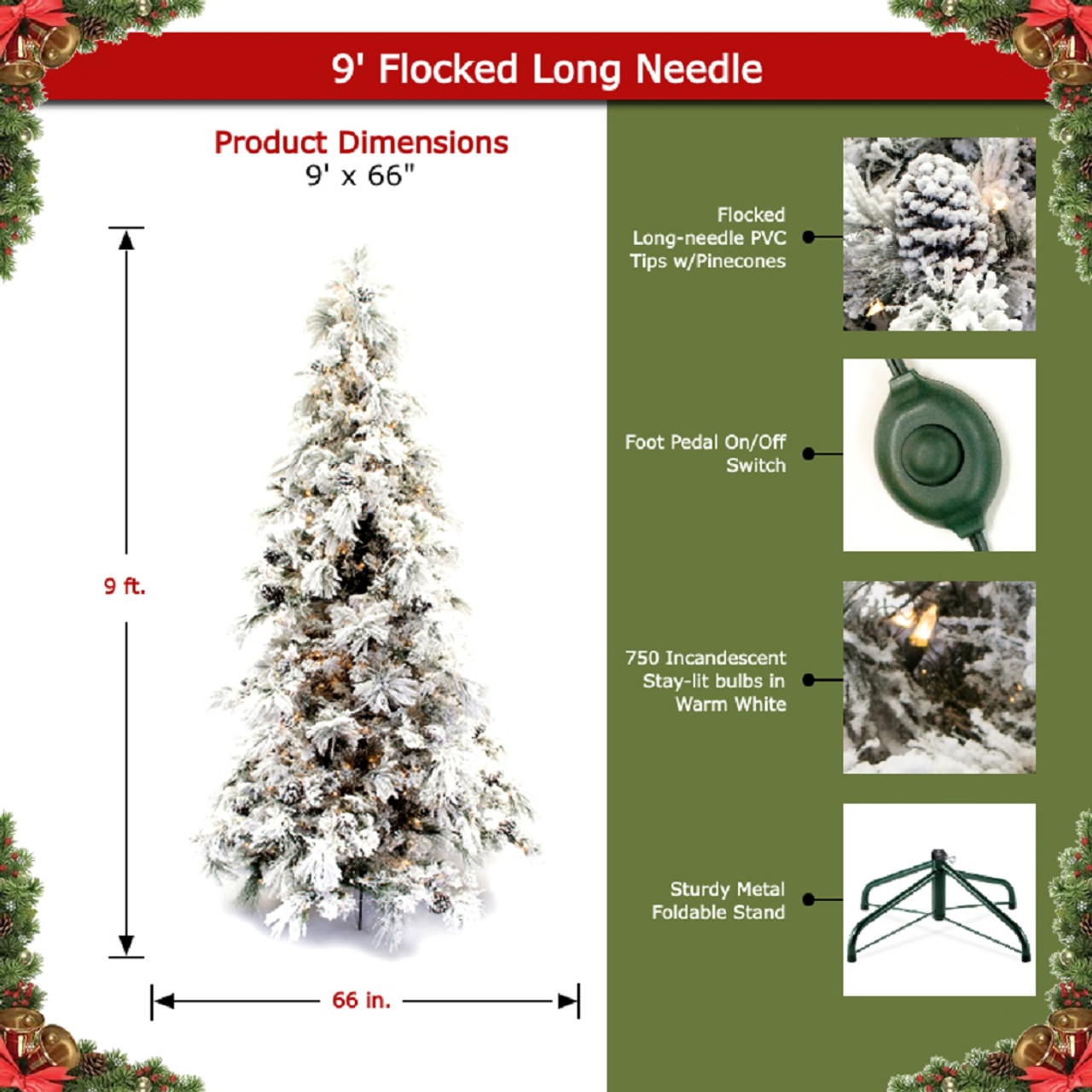 9' Flocked Pine Long Needle Prelit Artificial Christmas Tree