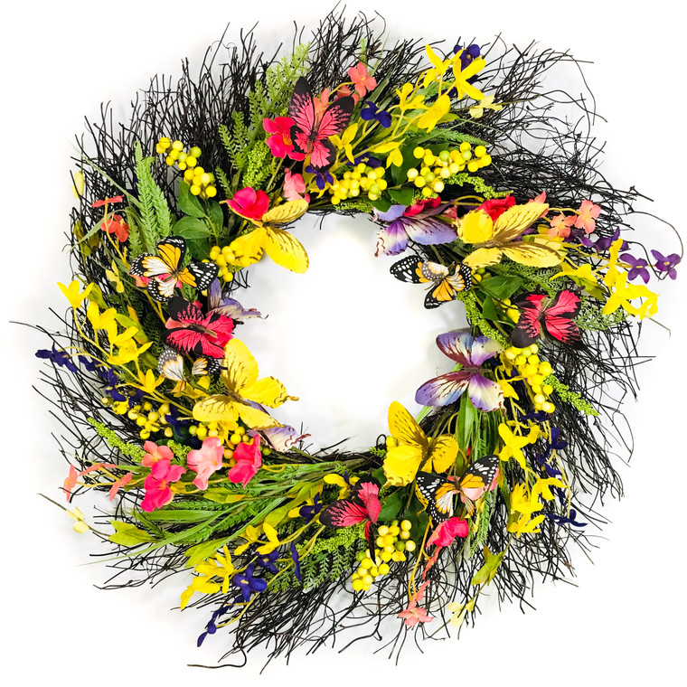 Purple/Yellow/Pink Artificial Wreath on Natural Twig Base 24"