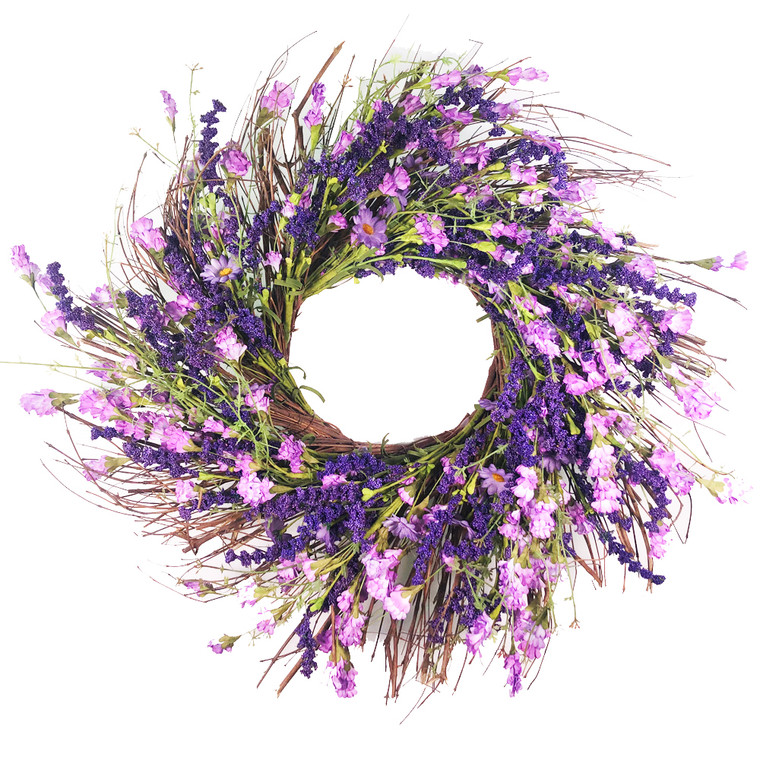 Purple Artificial Lavender Wreath on Natural Twig Base 24"
