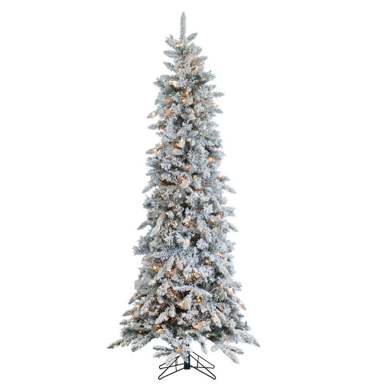 9' Prelit Narrow Flocked Pencil Pine Artificial Christmas Tree
