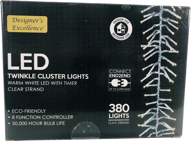 LED Twinkle Cluster Lights 12.4Ft Warm White w/ Clear Strand Connect End to End