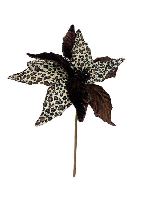 Velvet Poinsettia Pick Brown Cheetah Set of 6