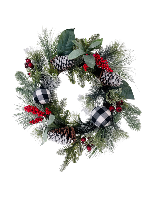 Wreath Snowy Mixed Pine, Ornament, Cone Berry Black White 24"