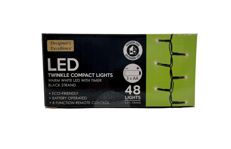 Direct Export 48 LED Twinkle Lights with Timer/Remote Battery Operated Black Wire Warm White