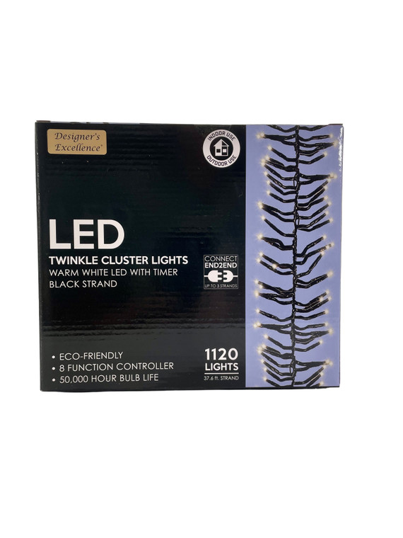 Direct Export 1120 LED Twinkle Cluster White Lights with Black Wire Connect End To End