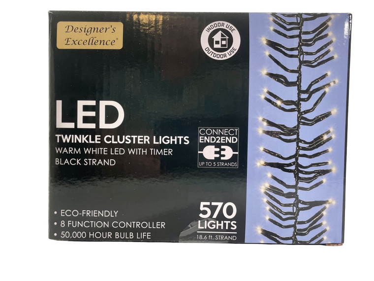 Direct Export 570 LED Twinkle Cluster  White Lights with Black Wire Connect End to End