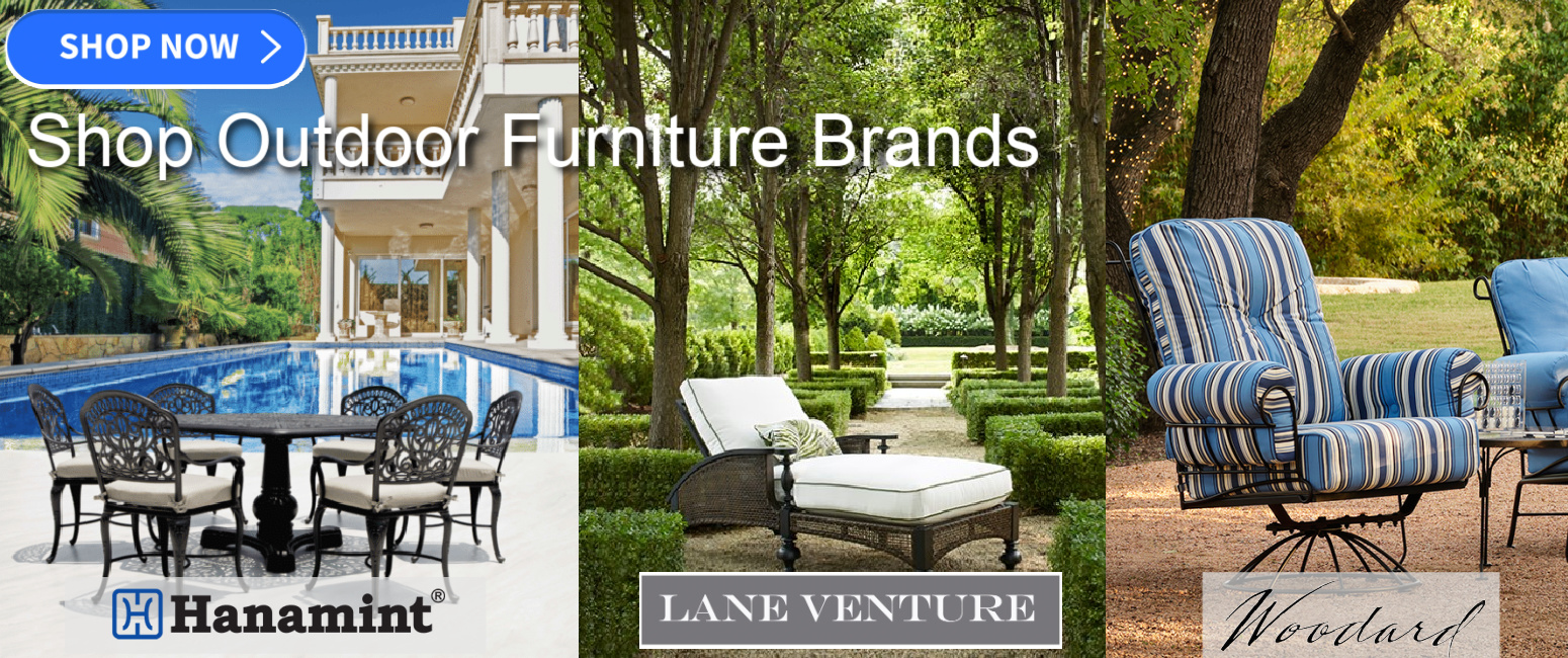 Click Here To Shop Outdoor Furniture Brands. Hanamint Dining set by pool image. Lane Venture chaise lounge in wooded garden image. Woodard Wrought Iron Lounge Chair Image.