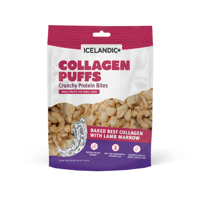 Collagen Puffs dog treats pouch with USA beef collagen and Icelandic lamb marrow
