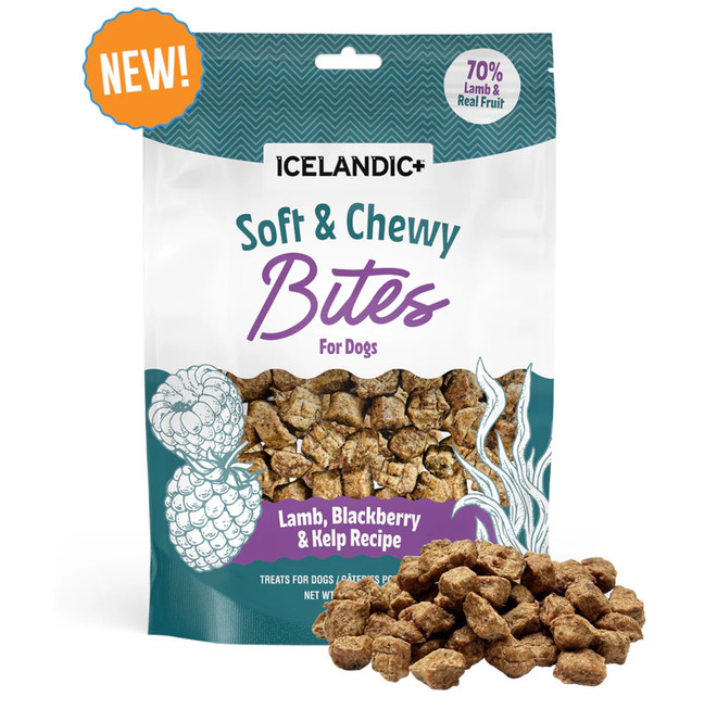 Soft & chewy dog treats with lamb, blackberry, and kelp in a small batch pouch