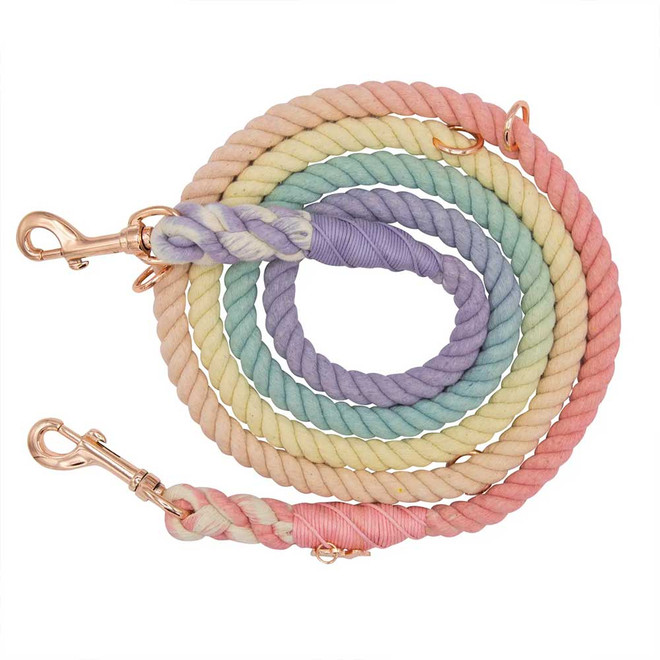 Light Rainbow hand-dyed cotton rope leash with hand-spliced detail