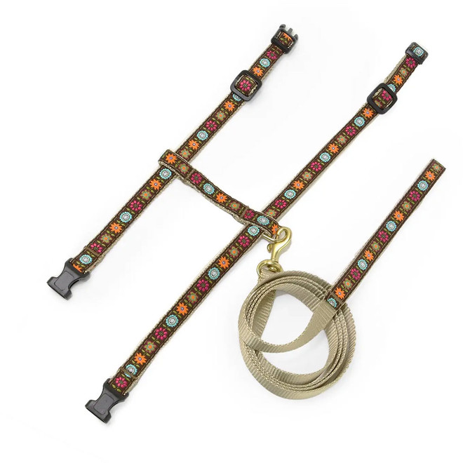Bella Floral cat harness set with matching 4-foot leash, adjustable fit, made in USA