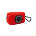 Bright red dog waste bag holder made of heavyweight neoprene with black clasp