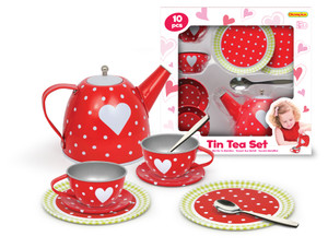 Tea Set Tin 10 Pcs Red With Heart And Spot
