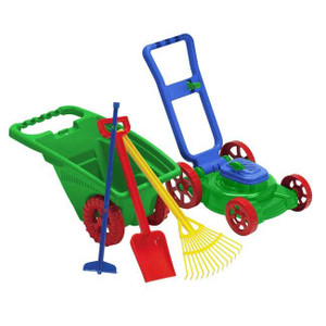 Kids Play Pretend 5 Pc Gardener Set mower garden cart hoe rake and shovel