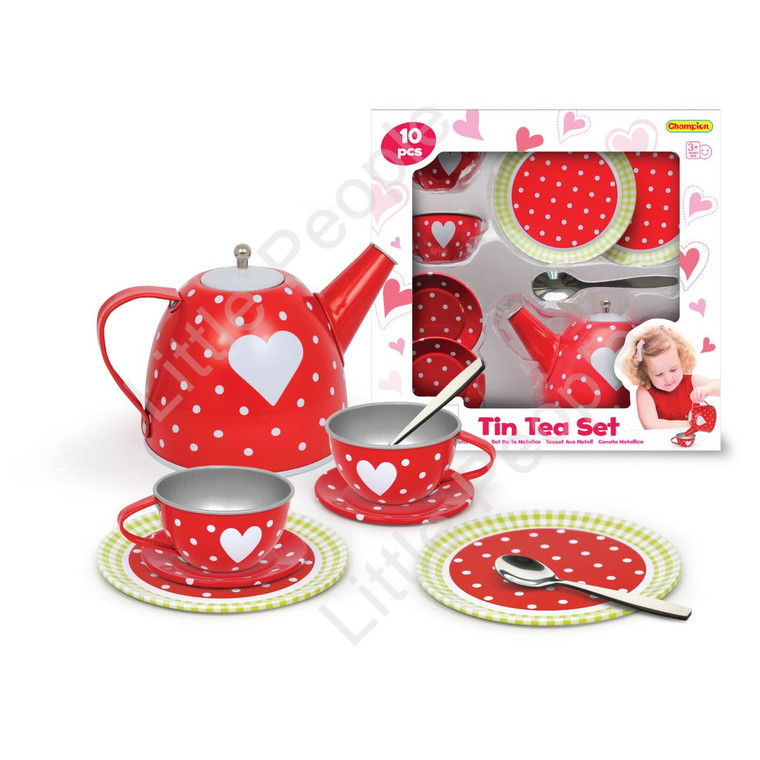 Tea Set Tin 10 Pcs Red With Heart And Spot