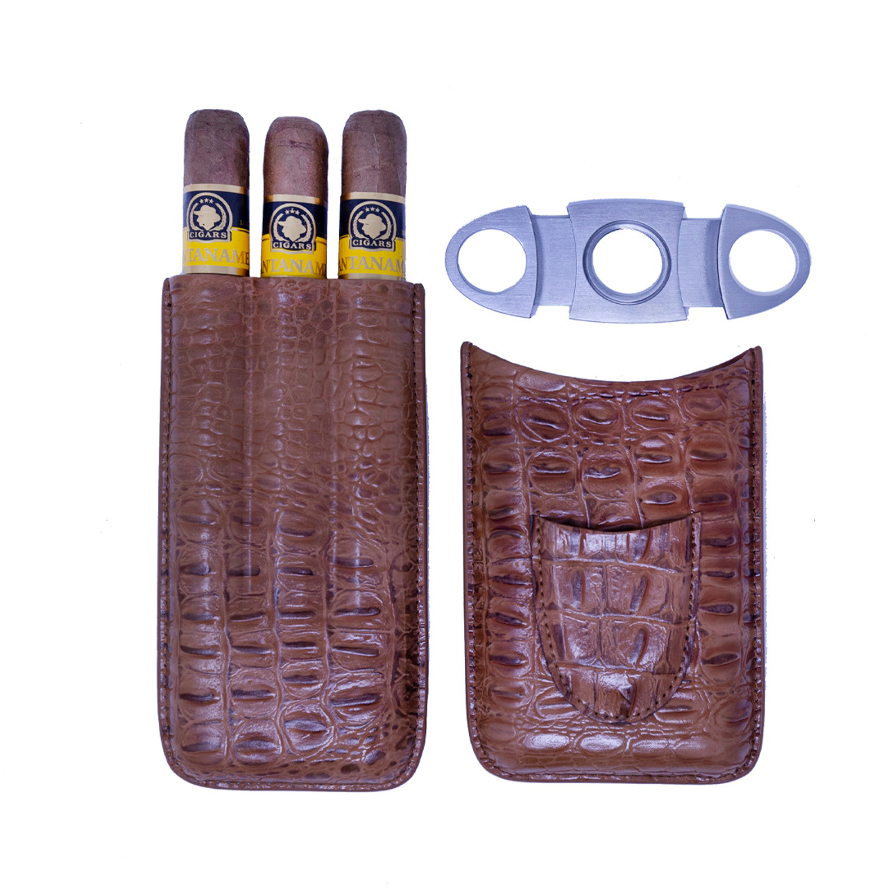 Light Brown Leather Cigar Case - Cutter Included