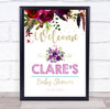 Watercolor Purple Rose & Gold Welcome Baby Shower Personalized Event Party Sign