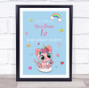 Cute Pink Unicorn Cat Welcome Birthday Blue Personalized Event Party Sign