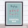 Multiple Drinks Blue And Pink Cocktail Bar Room Personalized Wall Art Sign