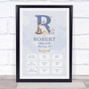 New Baby Birth Details Christening Nursery Blue Initial R Keepsake Gift Print