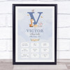 New Baby Birth Details Christening Nursery Blue Initial V Keepsake Gift Print