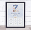 New Baby Birth Details Christening Nursery Blue Initial Z Keepsake Gift Print