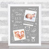 New Baby Birth Details Typographic Doodle 2 Photos Grey Keepsake Gift Print