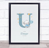 New Baby Birth Details Christening Nursery Blue Elephant Initial U Gift Print