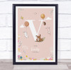 Baby Birth Details Nursery Christening Woodland Animals Pink Initial V Print