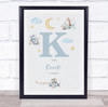 New Baby Birth Details Nursery Christening Blue Planes Initial K Gift Print