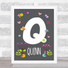 Grey Floral Butterfly Bird Initial Q Personalised Children's Wall Art Print