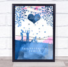 Family Name 3 Children Blue Pink Watercolour Blossom Personalized Gift Print