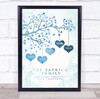 Family Tree Any Name Hearts Vintage Blue Watercolour Personalized Gift Print