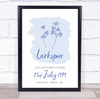 Larkspur Blue July Flower Summer Birthday Line Art Meaning Personalized Print