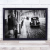 Rain Raining Window Street Vintage Texture Black & White Car Cobblestone Print
