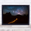 Galaxy in the Sky Mountain Silhouette Light Trail Road Yellow Wall Art Print