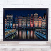 Amsterdam Night Houses Boats Water Windows Reflections Wall Art Print