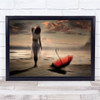 Woman Rain Beach Ocean Sunset Clouds Mood Umbrella Red Wall Art Print