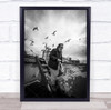 Man Feeding Seagulls on boat with cat black and white Wall Art Print