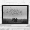 Elephants Birds Fog Grass Black & White Depart Wall Art Print
